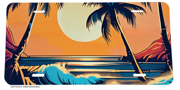 Ocean Palm Trees Sunset Beach Scenery Lovers Waves Surfing License Plate Cover - OwnTheAvenue