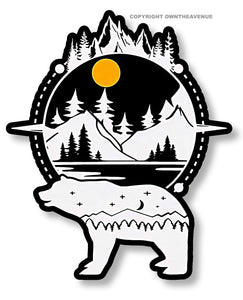 Bear And Mountains Hiking Camping Nature Outdoors Vinyl Sticker 4"