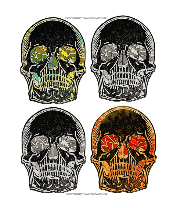 x4 / Four Pack - Biker Skull Floral Rugged Vintage Style Vinyl Sticker Decals 3