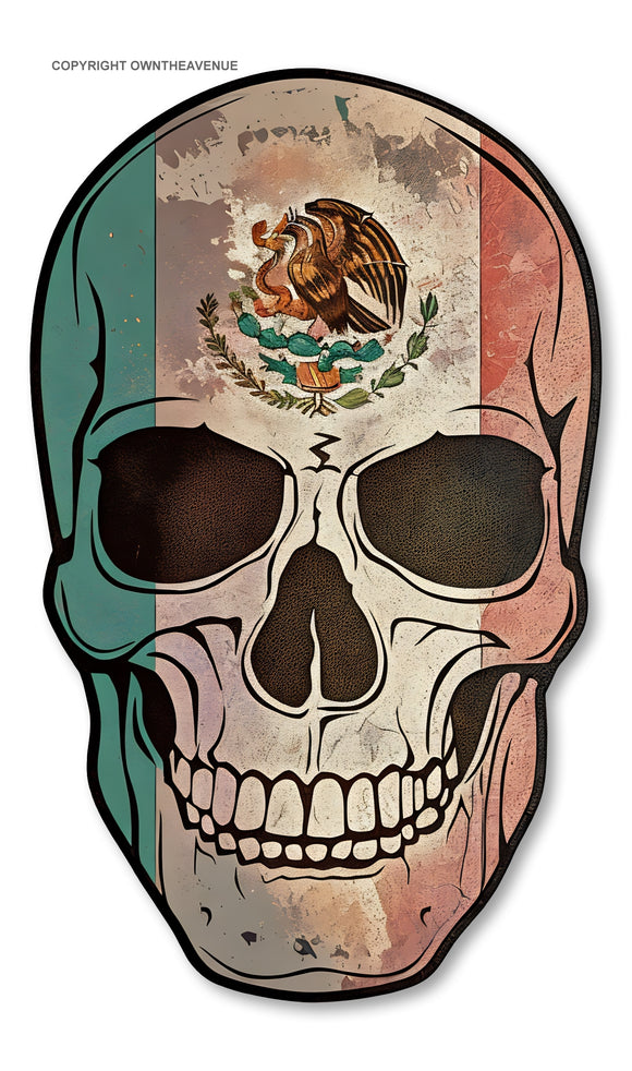 Mexican Flag Skull Vintage Style Distressed Vinyl Sticker Decal 3.5