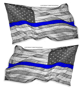 x2 Blue Color Line Subdued Police USA American Wavey Flag Vinyl Sticker Decals 4" - OwnTheAvenue