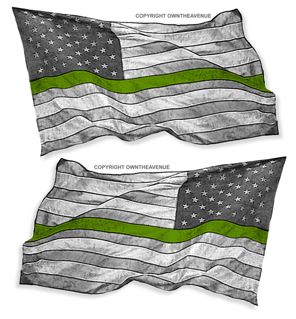 x2 Subdued Green Color Line Military Wavey USA American Flag Sticker Decal 4