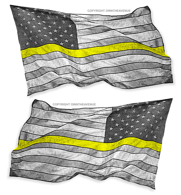 x2 Subdued Yellow Color Line Dispatcher Wavey USA American Flag Sticker Decal 4