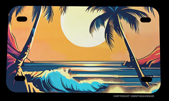 Palm Trees Ocean Beach Waves Sunset Scenery Motorcycle Metal License Plate