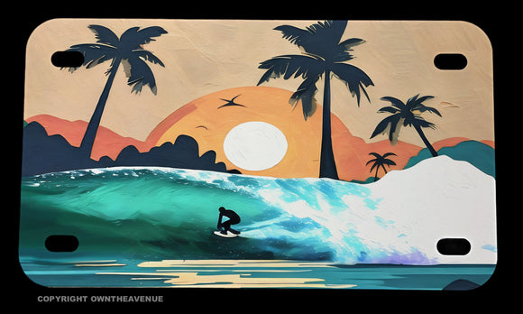 Surfing Ocean Sunset Palm Trees Waves Motorcycle Metal License Plate